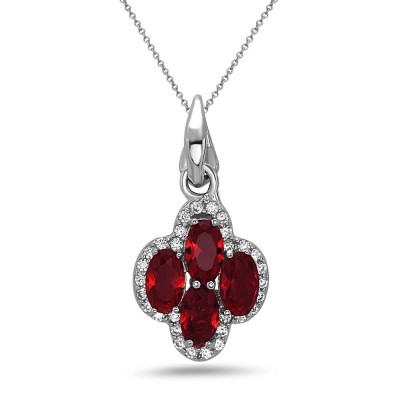 STERLING SILVER PENDANT 4 OVAL RUBY GLASS CUBIC ZIRCONIA AROUND