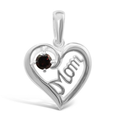 STERLING SILVER PENDANT HEART LINE "MOM" WORDING 1 GARNET CUBIC ZIRCONIA