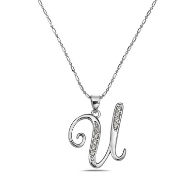 Sterling Silver PENDANT INITIAL U SCRIPT CLEAR Cubic Zirconia-6S-4921CL-U