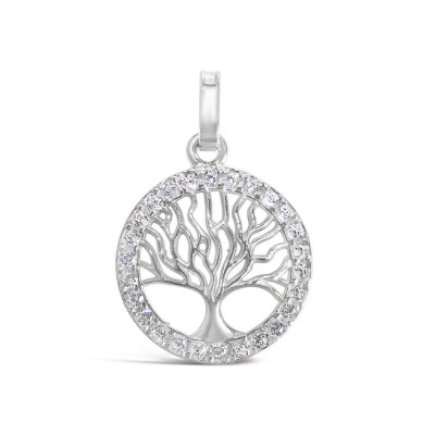 Sterling Silver Penddant Tree Of Life Clear Cubic Zirconia Circle