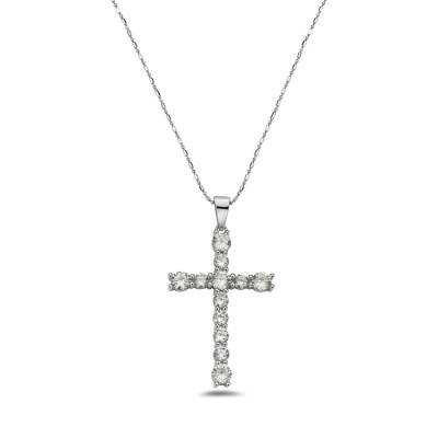 Sterling Silver Pendant Cross 4 Mm +5 Mm Round Clear Cubic Zirconia