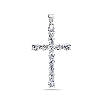 Sterling Silver Pendant Cross 5Mm+6 Mm Round Clear Cubic Zirconia