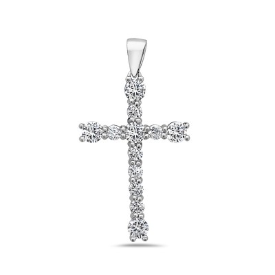 Sterling Silver Pendant Cross 3 Mm+4 Mm Clear Round Cubic Zirconia