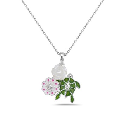 Sterling Silver PENDANT RED ENAMEL FLOWER GREEN ENAMEL TURTLE A