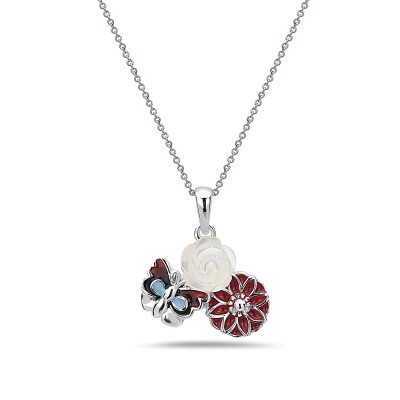 Sterling Silver PENDANT RED ENAMEL FLOWER PURPLE ENAMEL BUTTERF