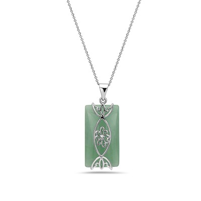 Sterling Silver PENDANT GREEN JADE PANEL W/ FISH PATTERN OVER T