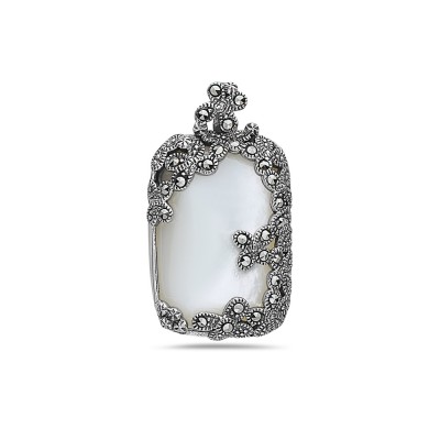 Marcasite Pendant 26.5mmx19.5mm Rectangular White Mother of Pearl with Marcasite Butterf