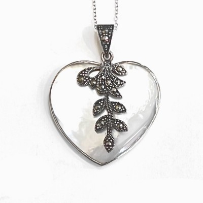 Marcasite Pendant 33mm White Mother of Pearl Heart with Oxidized Rope Leave