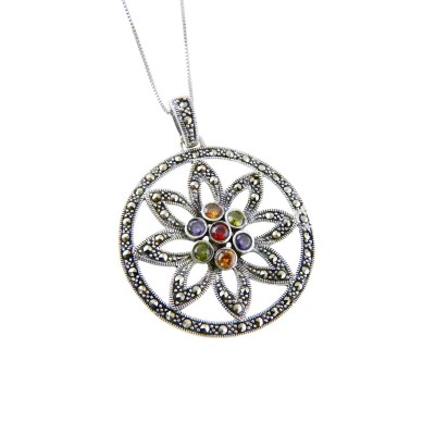 Marcasite PENDANT ROUND LINE CENTER SUN FLOWER MULTICOLOR-6M-1938MC