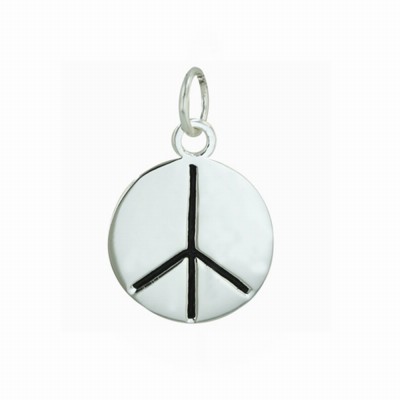 Sterling Silver Pendant 15mm Plain Oxidized Peace Symbol--Rhodium Plating/Nickle Free-