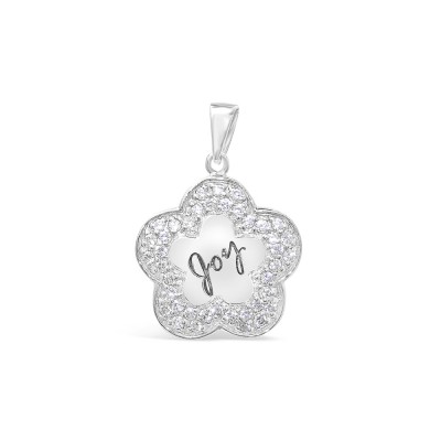 Sterling Silver Pendant Clear Cubic Zirconia Flower with Wording Joy