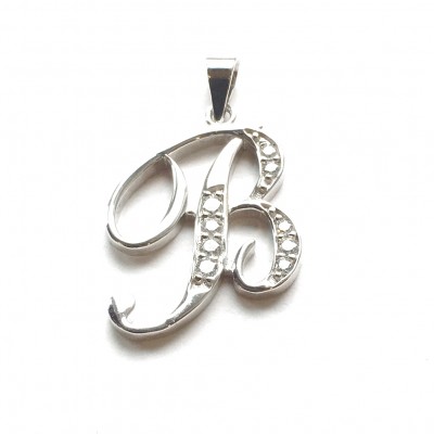 Sterling Silver Pendant Initial B Script Clear Cubic Zirconia