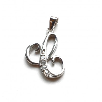 Sterling Silver Pendant Initial C Script Clear Cubic Zirconia