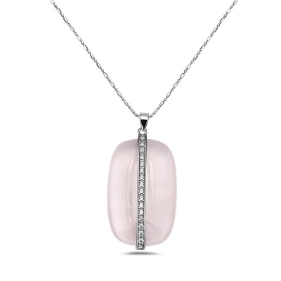 Sterling Silver PENDANT LONG OVAL ROSE QUARTZ STRAIGHT CZ LINE