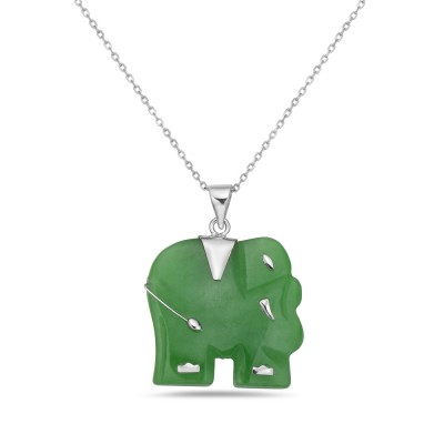 Sterling Silver PENDANT GREEN JADE CARVED ELEPHANT W SILVER CAR