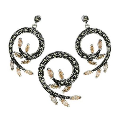Marcasite Set '6' Swirl with 7 Champagne Cubic Zirconia Marquis