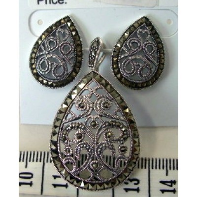 Marcasite Set Filigree Open Tear Drop with Square Cut Marcasite Surrou