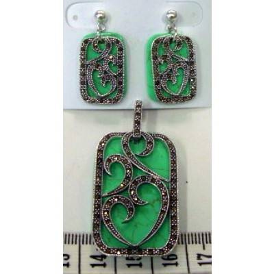 Marcasite Set Swirl Heart+Rectangular.Faux Turquoise Back