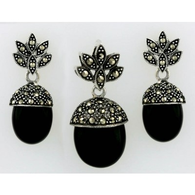 Marcasite Set Onyx Acorn with Marcasite Marquis Top