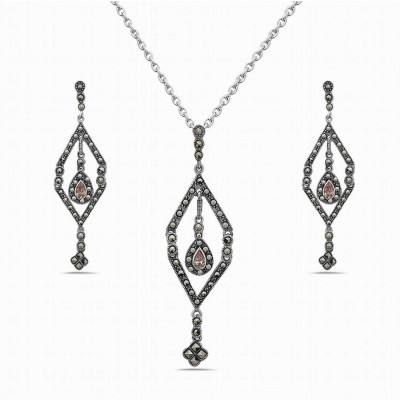 Marcasite Set Open Rhombus with Champagne Cubic Zirconia Tear Drop Dangle