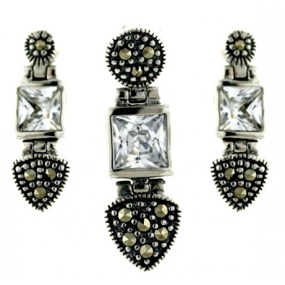 Marcasite Set (Machine Cut) Marcasite Round+Clear Cubic Zirconia Square+Marcasite Trillio