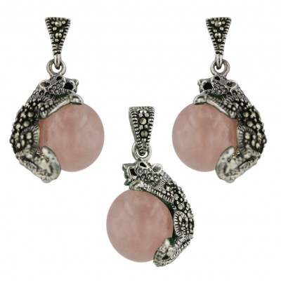 Marcasite Set 12mm Rosequartz Ball with Marcasite Cougar Oxidized