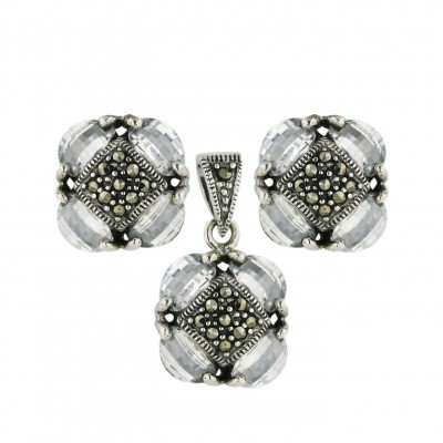 Marcasite Set Clear Cubic Zirconia Petals Barrel Cut with Marcasite Rhombus