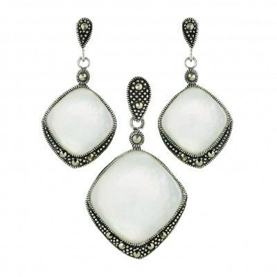 Marcasite Pendant (20X20mm) +Earg (15X15mm) Set White Mother of Pearl+Marcasite Cus