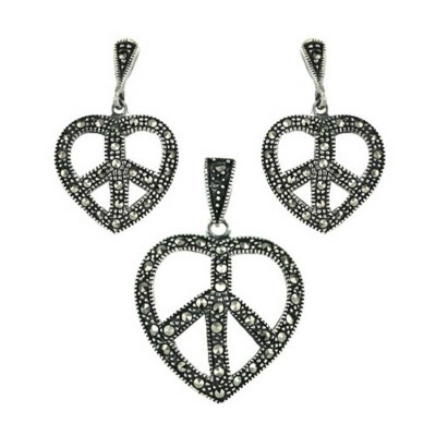 Marcasite Set Heart with Peace Symbol Oxidized Rope