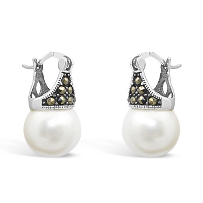 Marcasite Earring Swiss Marcasite) 10mm Latch White Pearl