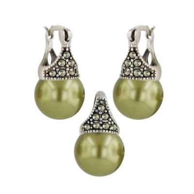 Marcasite Set ( 2A Swiss Marcasite) 10mm Latch Olive Pearl (Open