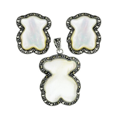 Marcasite Pendant 24X20mm+Earring 19X17mm White Mother of Pearl Teddy Bear