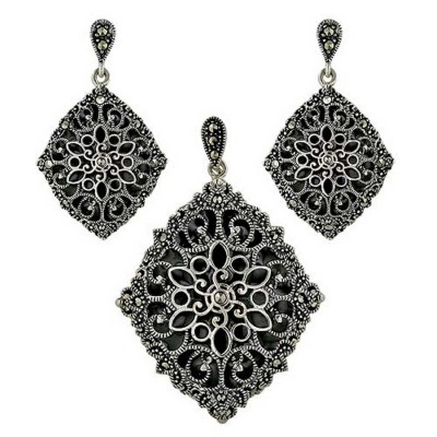 Marcasite Pendant 46X32mm+Earring 33X20mm Black Transparent Epoxy