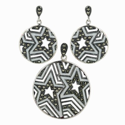 Marcasite Pendant 41X31mm+Earring 31X21mm White Round Opaque Ep