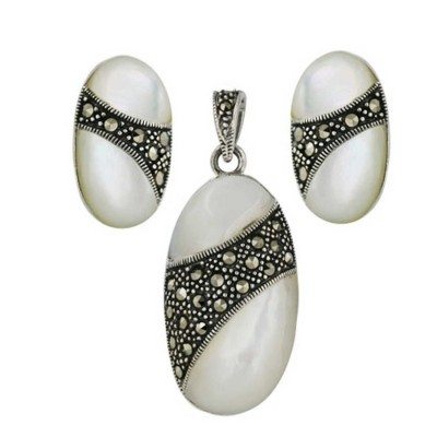 Marcasite Set 2 Dimensional White Mother of Pearl Oval with Pave Marcasite Ctr