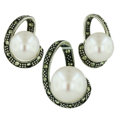 Marcasite Set White Freshwater Pearl with Open Pave Marcasite "C'