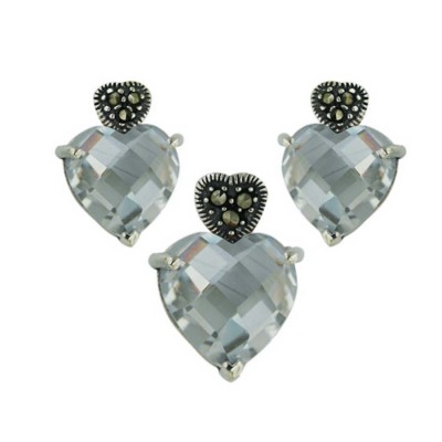 Marcasite Set Earring+Pendant Marcasite Heart Post with Clear Cubic Zirconia Hear