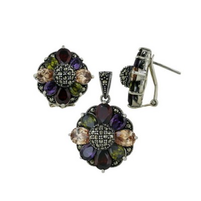 Marcasite Set Earring+Pendant 8 Petals Cubic Zirconia Flower Garnet +Champagne+Olivine+Amethyst with