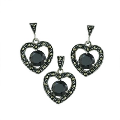 Marcasite Set Earring+Pendant Open Heart with Black Cubic Zirconia 3-Prong