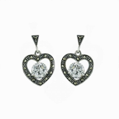 Marcasite Earring Heart W/Clear Cubic Zirconia 3-Prong