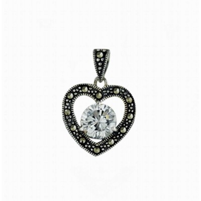 Marcasite Set Earring+Pendant Open Heart W/Clear Cubic Zirconia 3-Pro