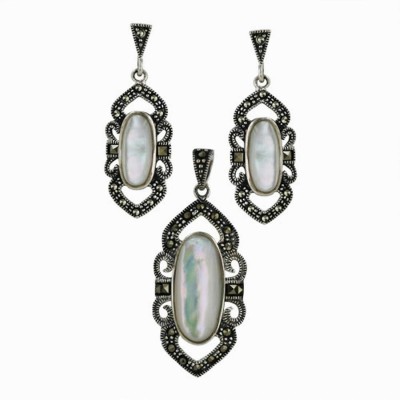 Marcasite Set Earring+Pendant Triangular Post with Open Marcasite+Oval Be