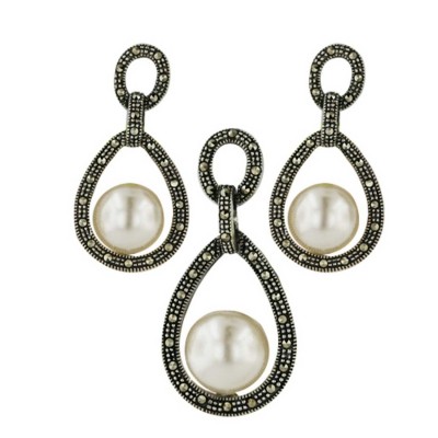 Marcasite Set 12mm 10mm White Pearl in Open Marcasite Teardrop