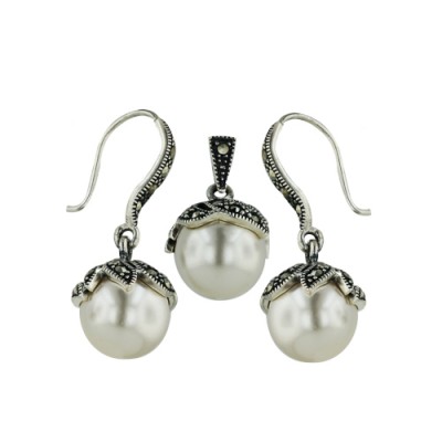 Marcasite Set 12mm White Peral Under Swirl Petals Paved L