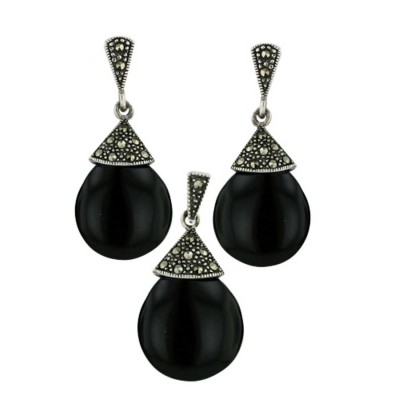 Marcasite Set 16mm Pear Onyx Triangle Marcasite Top