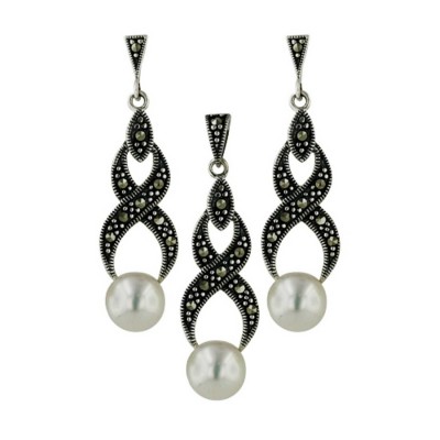 Marcasite Set 7mm Potato Fresh Water Pearl on Open Infinity Shape
