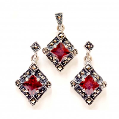 Marcasite Set Swiss Square & Rd Marcasite Rhombus with Garnet Cubic Zirconia