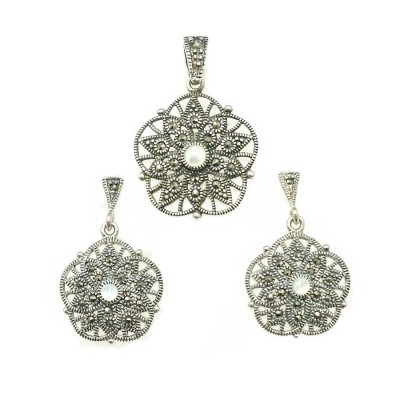 Marcasite Set 16-16mm Filigree Round White Mother of Pearl Ctr with Marcasite