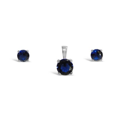 Sterling Silver Set 6Mm Earring 8 Mm Pendant Sapphire Glass