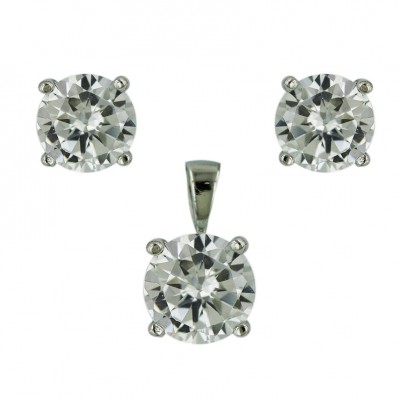 Sterling Silver Pendant 10mm+Earring 8mm Round Clear Cubic Zirconia Stud 4 Prongs